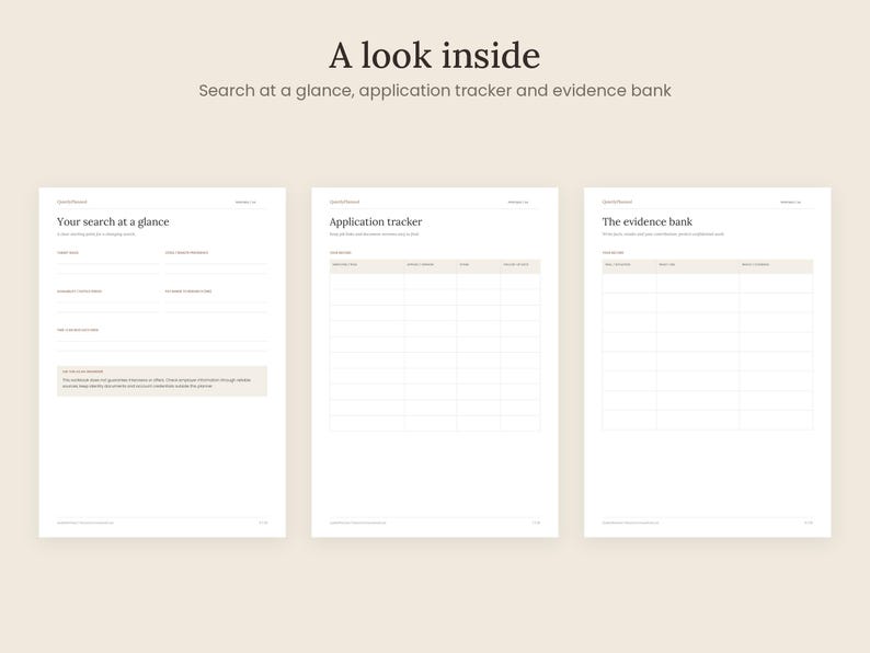 May include: Three white digital planner pages titled A look inside, Search at a glance, application tracker and evidence bank. The forms include fields for job search details, application tracking tables, and evidence bank columns.