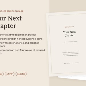 May include: A printable job search planner titled Your Next Chapter. The document includes a role shortlist, application tracker, CV versions, evidence bank, interview research, and offer comparison. It is a 26-page A4 PDF, undated.