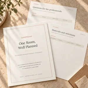 May include: A set of off-white paper sheets titled QuietlyPlanned One Room, Well Planned, featuring a renovation decisions and contractor-record planner. The documents include sections for Questions for the professionals and Materials and selections.