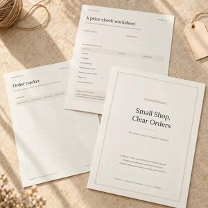 May include: Three white paper sheets with black text. One sheet is titled Small Shop, Clear Orders, another is an Order tracker, and the third is a price-check worksheet. Each page features organized columns, rows, and headings for business planning and tracking.