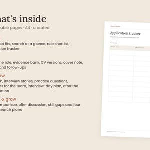May include: A printable A4 job application tracker document with 26 pages. The text lists sections including Search, Apply, Interview, and Decide & grow. The document features a table titled Application tracker with columns for employer, role, status, and date.