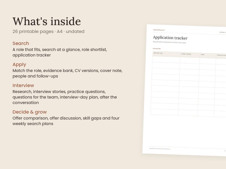 May include: A printable A4 job application tracker document with 26 pages. The text lists sections including Search, Apply, Interview, and Decide & grow. The document features a table titled Application tracker with columns for employer, role, status, and date.