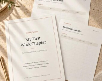 May include: Three white paper sheets with black text and thin borders. The main sheet is titled My First Work Chapter, with sub-sheets titled Onboarding questions and Feedback to use. Each page features organized tables and headings.