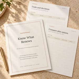 May include: Three white paper subscription organizer sheets with black text. The top sheet is titled Know What Renews by QuietlyPlanned, followed by Trials and decisions and Compare plan options sheets with tables for tracking recurring payments.