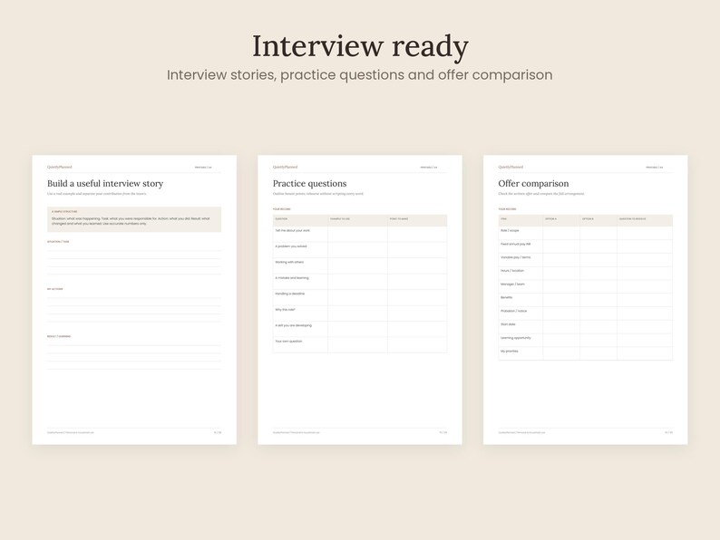May include: Three white digital planning pages titled Interview ready, featuring sections for Build a useful interview story, Practice questions, and Offer comparison with tables and lined spaces for notes on a light beige background.