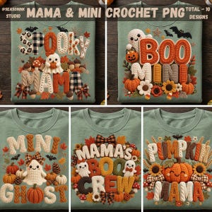 May include: A collection of five sage green sweatshirts featuring various crochet-style graphic designs with autumn and Halloween themes. The graphics include text such as SPOOKY MAMA, BOO MINI, MINI GHOST, MAMA'S BOO CREW, and PUMPKIN MAMA with pumpkins, ghosts, and leaves.
