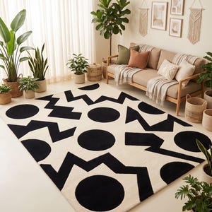 Abstract Geometric Rug, Hand Tufted Black and White Carpet with Bold Circles and Angular Zigzag Pattern