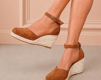 Brown Suede Espadrille Wedge Sandals, Closed Toe Ankle Strap Platform Heels, Summer Wedding