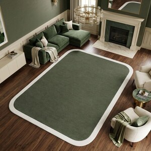 Sage Green Wool Rug, Modern Minimalist Area Rug, Handmade Green Carpet with Cream Border, Rounded Rectangle Rug for Living Room Bedroom,