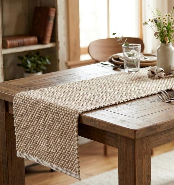 Natural Jute Hand woven Table Runner, 13x72 inches Rustic Boho Dining Decor, Farmhouse Table Runner, Jute and cotton boho table runner