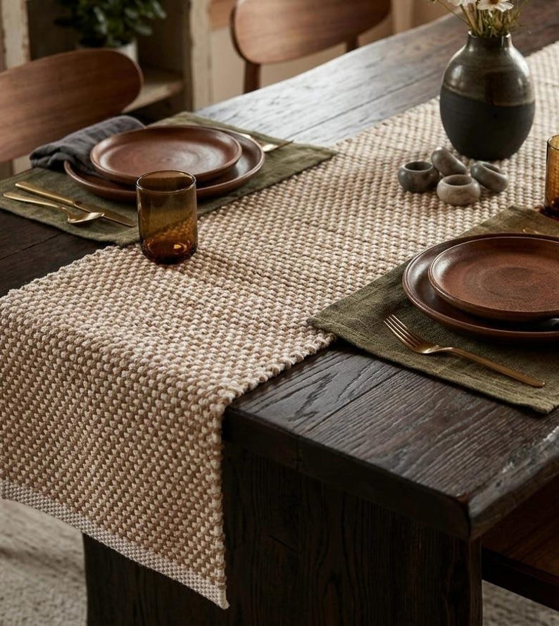 May include: A beige and white woven table runner with a textured pattern, placed on a dark wooden table. The setting includes olive green fabric placemats, brown ceramic plates, gold-toned cutlery, amber glassware, and a two-toned ceramic vase.