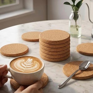 Cork Coasters Pack of 10, Absorbent Drink Coasters for Table, Thick Eco-Friendly Table Protector, Housewarming Gift, Aesthetic Coffee Coaste