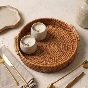 Handwoven Rattan Serving Tray with Handles | Round Wicker Coffee Table Decor Tray | Natural Cane Boho Kitchen Organizer & Housewarming Gift