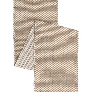 May include: A rectangular table runner featuring a woven texture with a two-tone pattern of tan and off-white threads. The fabric displays a consistent grid-like weave throughout, with finished edges and a folded section revealing the underside.
