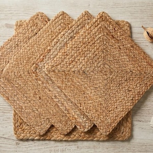 Handwoven Jute Placemats Set of 4 , 14x14 inches Square Braided Table Mats ,Boho Dining Decor, Rustic Farmhouse Style, Housewarming Gift