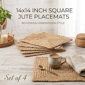 Handwoven Jute Placemats Set of 4 , 14x14 inches Square Braided Table Mats ,Boho Dining Decor, Rustic Farmhouse Style, Housewarming Gift