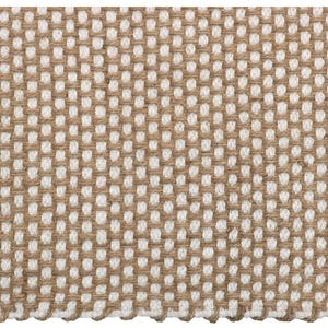 May include: A woven textile fabric featuring a repeating grid pattern created by alternating thick tan jute-like fibers and soft white cotton-like threads. The structure displays a consistent square weave with visible texture and depth throughout.