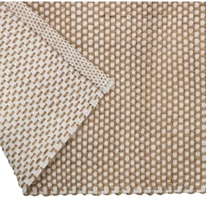 May include: A woven textile fabric featuring a grid pattern of alternating tan and white threads. The material displays a consistent, textured square weave with a folded corner edge that reveals the thickness and structure of the fabric weave.