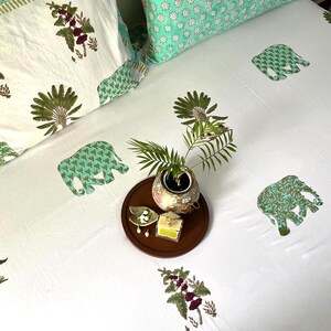 Organic Cotton Hand Block Print Bed sheets | Animal Print Bedding | White Queen Flat Sheet Set | Boho Indian Bedspread