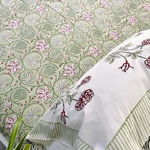 Hoeslaken van katoen met handbedrukte blokprint | Groen botanisch beddengoed | Handgemaakt plat laken met bloemenprint | Indiase boho sprei | Hoeslaken uit Jaipur