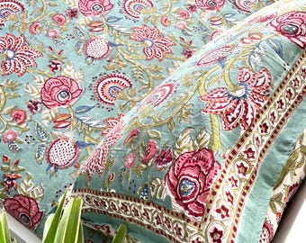 100% Organic Cotton Hand Block Print Bedsheet | Floral Handmade Queen Flat Sheet Set | Boho Indian Bedspread Bedding