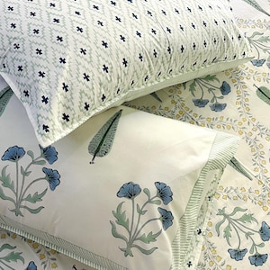 Hand Block Print Bed sheets | Pure Cotton Queen Flat Sheet | Botanical Blue Floral Bedspread | Indian Sheet Set | Boho Bedding