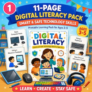 Op de afbeelding: Een 11-pagina tellend digitaal geletterdheidspakket voor kinderen van 3-5 jaar met kleurrijke illustraties van kinderen die technologie gebruiken. De set bevat een omslag, instructiekaarten over computeronderdelen, toetsenborden, muizen en privacy.