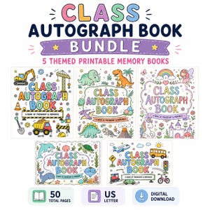 Op de afbeelding: Een bundel van vijf printbare klas-autograafboeken met kleurrijke illustraties van bouwvoertuigen, dinosaurussen, feeën, zeedieren en transportmiddelen. Elke kaft toont de tekst Class Autograph Book, A Book of Friendship & Memories.