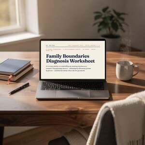 Può includere: Un computer portatile che mostra il Family Boundaries Diagnosis Worksheet sullo schermo, posizionato su una scrivania in legno accanto a una pila di due libri, una penna nera e una tazza in ceramica con una bevanda calda fumante.