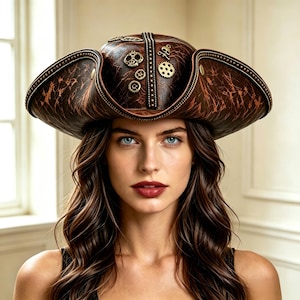May include: A brown tricorn hat with a distressed, cracked leather-like texture. The hat features a central vertical strip with metallic studs and is decorated with various brass-colored gear and skull-shaped embellishments on the crown.