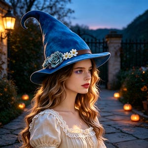 Sombrero de bruja azul con ribete floral, sombrero de mago puntiagudo, sombrero de disfraz de fantasía, accesorio de cosplay de Halloween, disfraz mágico