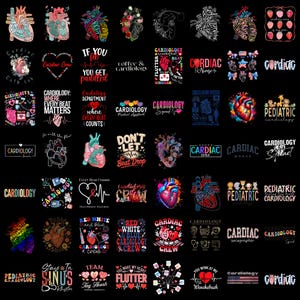 May include: A collection of digital graphic designs featuring anatomical heart illustrations, cardiology-themed text, medical symbols, and colorful patterns on a black background. The designs include phrases like Cardiology Squad, Cardiac Crew, and Pediatric Cardiology.