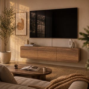 May include: A wall-mounted wooden media console with three cabinet doors positioned beneath a large flat-screen television. The console features a natural wood grain finish with rounded edges, providing storage space for decorative items and books.