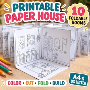 Foldable Paper House Template, 10 Rooms, Printable Coloring Craft