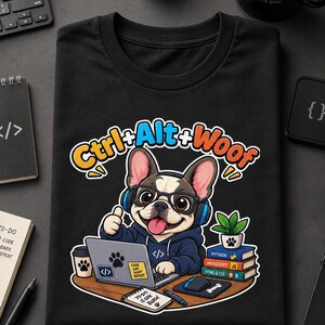 May include: A black t-shirt featuring a graphic of a French bulldog wearing glasses and headphones, sitting at a desk with a laptop, a stack of books labeled Python, JavaScript, and HTML & CSS, and a plant. The text reads Ctrl+Alt+Woof.