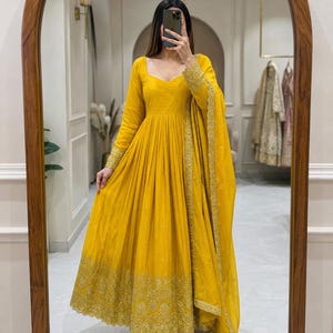 Premium Yellow Flared  Anarkali Plazo Set Yellow Salwar Kameez,Thread & Sequin Work Dupatta 3pc set