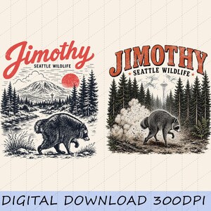 Pode incluir: Duas ilustrações gráficas com um guaxinim e o texto Jimothy Seattle Wildlife. O design da esquerda mostra uma montanha, um sol vermelho e uma floresta. O design da direita mostra um guaxinim numa floresta com uma torre ao fundo e fumo.