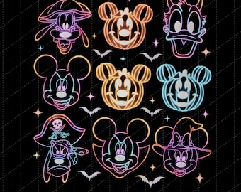 Neon gloeiende vectorafbeelding van Mickey en zijn vrienden voor Halloween, digitale download, bijpassende PNG-afbeelding van een familietrip naar Disneyland, griezelig herfstcadeau voor Trick or Treat.