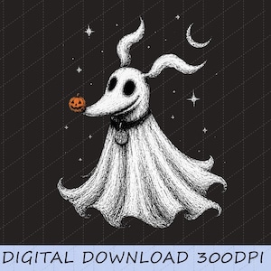 Op de afbeelding: Een zwart-witte digitale illustratie van een spookhond met lange oren, die een halsband draagt met een penning waarop ZERO staat. De hond heeft een kleine oranje pompoen op zijn neus, tegen een donkere achtergrond met sterren en een maansikkel.