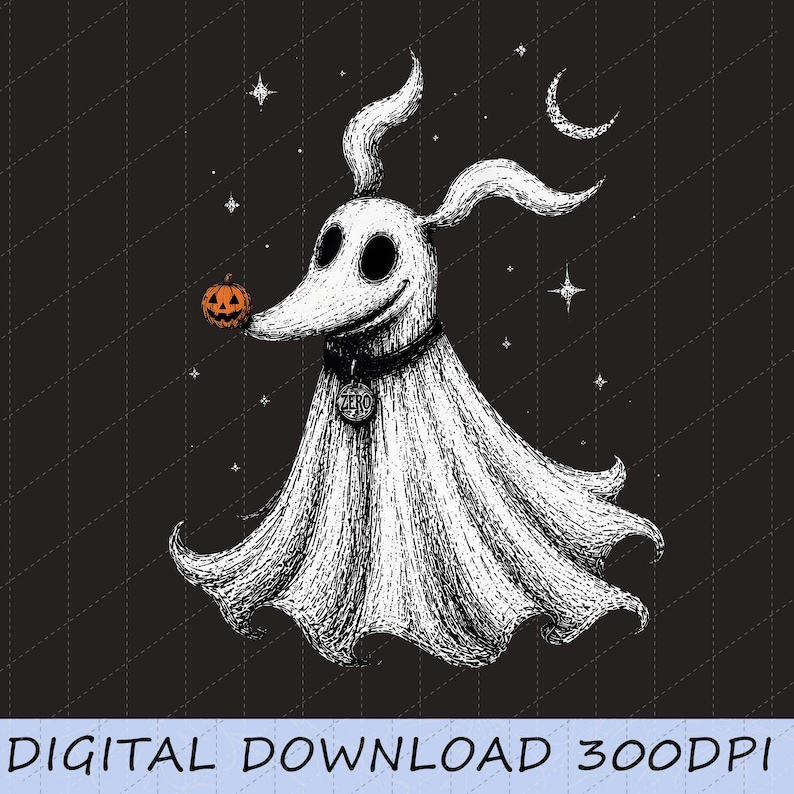 Op de afbeelding: Een zwart-witte digitale illustratie van een spookhond met lange oren, die een halsband draagt met een penning waarop ZERO staat. De hond heeft een kleine oranje pompoen op zijn neus, tegen een donkere achtergrond met sterren en een maansikkel.
