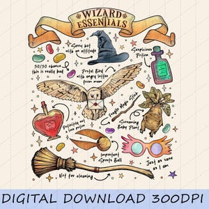 May include: A Wizard Essentials illustration featuring a pointed hat, a green potion, an owl with a letter, a heart-shaped red potion, a magic stick, a mandrake plant, a golden snitch, pink glasses, and a broomstick with descriptive text labels.