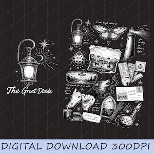 May include: A black digital graphic featuring white line art illustrations including a lantern, butterfly, lighthouse, wolf, pinky promise hands, and a rocket. Text includes "The Great Divide," "I can laugh about it," "so it goes," "for as long as there's light," and "North Of Nowhere."