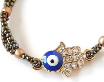 Hamsa Bracelet Blue Evil Eye, Bronze Seed Beads, Talisman pulsera Mal de Ojo, Traditional Protection Amulet Jewelry Kabbalah, Islam, Judaism