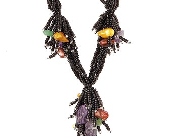 Black Seed Beads Necklace with Amethyst, Green Aventurine, Citrine, Red and Golden Blister Pearls, Valentine Day Mothers Day