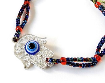 Hamsa Blue Evil Eye Bracelet, Black Seed Beads, pulsera Mal de Ojo, Traditional Protection Jewelry Kabbalah, Buddhism, Islam,Judaism Amulet