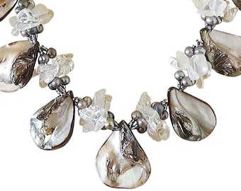 Mother of Pearl Gemstone Necklace with Clear Quartz and Black Freshwater Pearls, Valentines Day