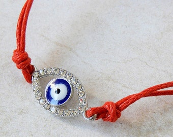 Blue Evil Eye with Crystals, Red String Braided Charm Bracelet, Mal de Ojo Pulsera, Kabbalah Bracelet, Traditional Jewish Muslim Jewelry