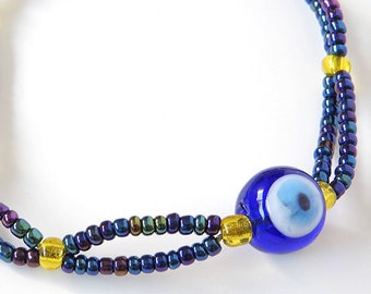 Blue Evil Eye Bracelet with Blue Yellow Seed Beads, Double Stranded, Mal de Ojo Pulsera, Kabbalah Muslim Hindu Jewelry