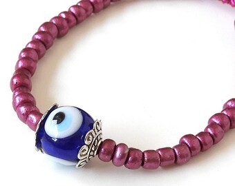 Blue Evil Eye Bracelet with Glass Coated Beads, Protection Talisman, Mal de Ojo, Traditional Kabbalah Muslim Jewelry, Tibetan Bracelet