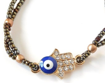 Hamsa Bracelet Blue Evil Eye, Bronze Seed Beads, Talisman pulsera Mal de Ojo, Traditional Protection Amulet Jewelry Kabbalah, Islam, Judaism